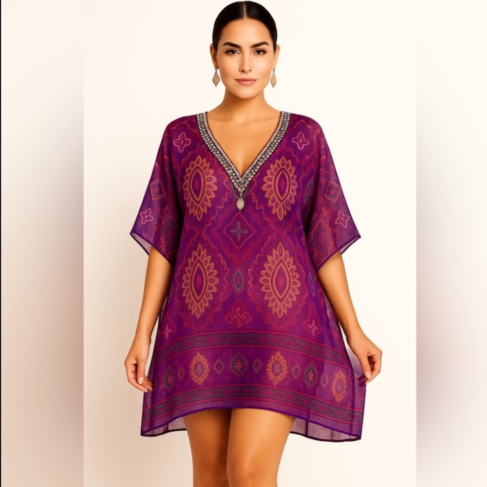 ❤️ Gorgeous V Neck Boho Beaded Tunic Cover up - One Size
